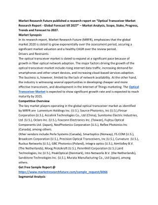 Optical Transceiver Market Financial Overview, Competitive Scenario 2027