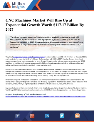 CNC Machines Market Will Rise Up at Exponential Growth Worth $117.17 Billion By 2027