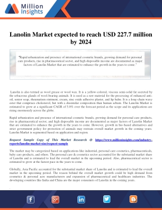 Lanolin Market expected to reach USD 227.7 million by 2024