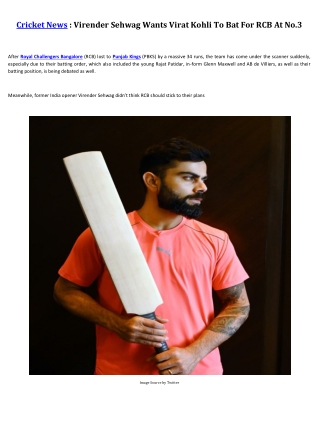 Virender Sehwag Wants Virat Kohli To Bat For RCB At No.3