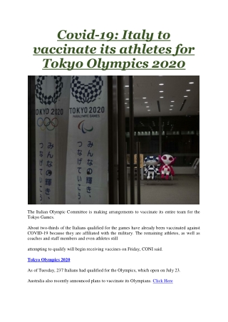 Covid-19 Italy to vaccinate its athletes for Tokyo Olympics 2020