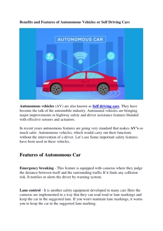 Benefits and Features of Autonomous Vehicles or Self Driving Cars