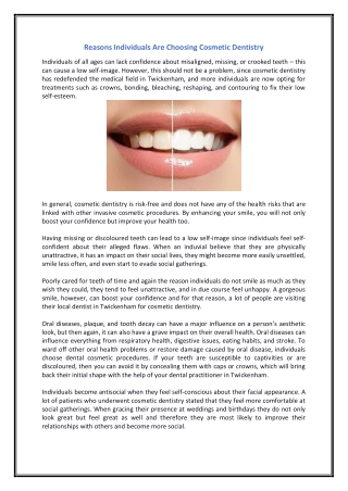 Reasons Individuals Are Choosing Cosmetic Dentistry