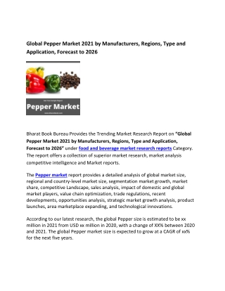 Global Pepper Market 2021 by Manufacturers Forecast 2026