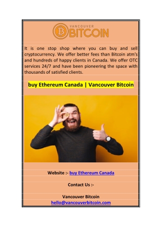 buy Ethereum Canada  Vancouver Bitcoin