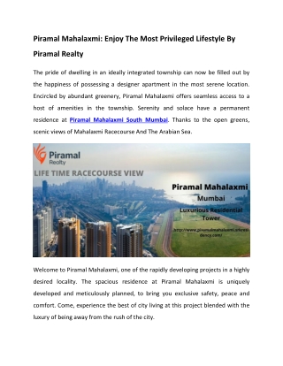 Piramal Mahalaxmi - Enjoy The Most Privileged Lifestyle By Piramal Realty