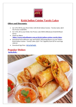 15% Off - Krish Indian Cuisine Varsity Lakes menu, QLD