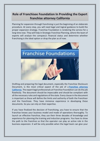 Role of Franchisee Foundation In Providing the Expert franchise attorney Califor