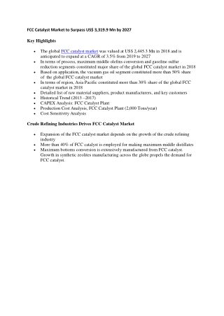 FCC Catalyst Market Estimated to Reach US$ 3,319.9 Mn by 2027