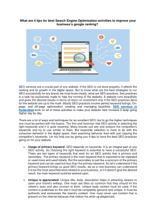 What are 4 tips for best Search Engine Optimization activities to improve your business google ranking