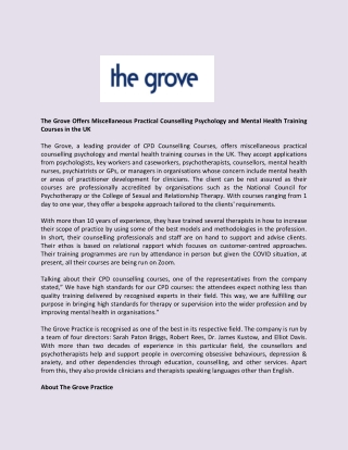 The Grove Offers Miscellaneous Practical Counselling Psychology and Mental Health Training Courses in the UK