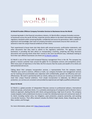 ILS World Provides Offshore Company Formation Services to Businesses Across the World