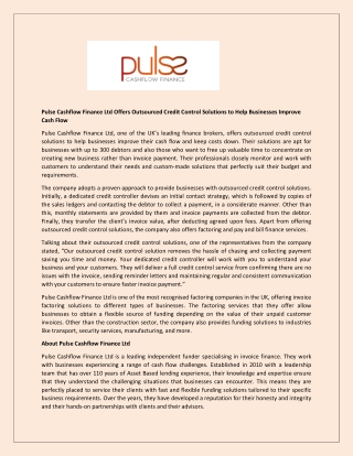 Pulse Cashflow Finance Ltd Offers Outsourced Credit Control Solutions to Help Businesses Improve Cash Flow