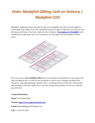 Order Modafinil 200mg Cash on Delivery | Modafinil COD