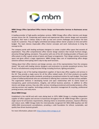 MBM Omega Offers Specialised Office Interior Design and Renovation Services to Businesses across the UK