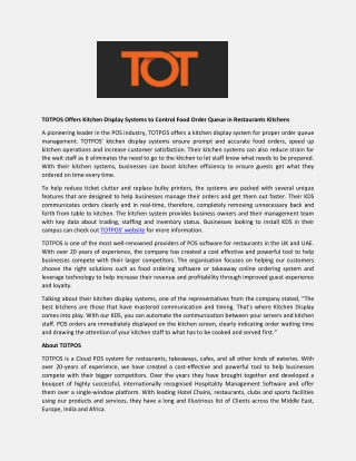 TOTPOS Offers Kitchen Display Systems to Control Food Order Queue in Restaurants Kitchens