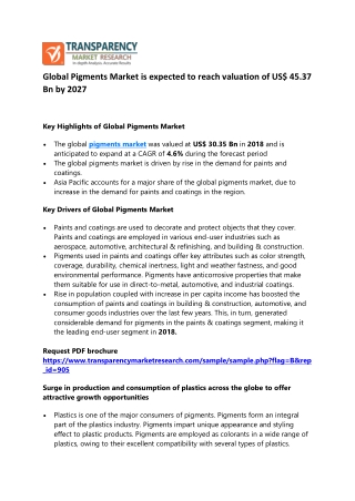 Global Pigments Market is expected to reach valuation of US$ 45.37 Bn by 2027