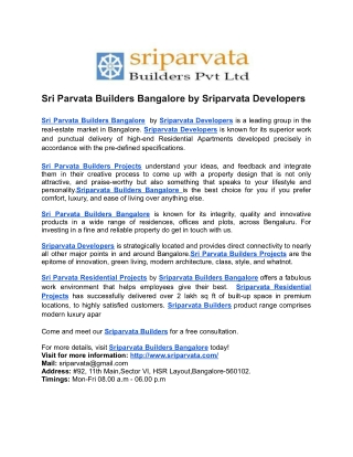 Sri Parvata Builders Bangalore by Sriparvata Developers