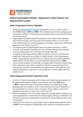Global Polypropylene Market- Applications, Share Analysis and Opportunities