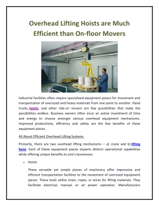 Overhead Lifting Hoists are Much Efficient than On-floor Movers