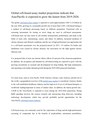 Global cell-based assay market projections indicate that Asia/Pacific is expecte