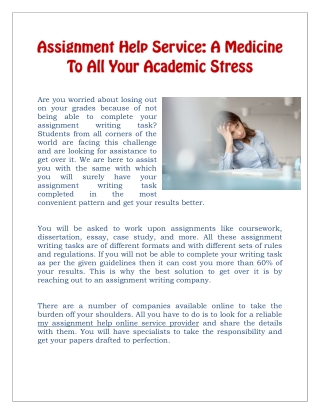 Assignment Help Service A Medicine To All Your Academic Stress