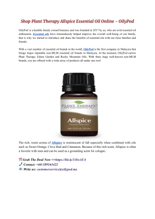 Shop Plant Therapy Allspice Essential Oil Online - OilyPod