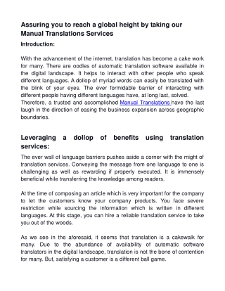 Assuring you to reach a global height by taking our Manual Translations Services