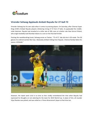 Virender Sehwag Applauds Ambati Rayudu for 27-ball 72