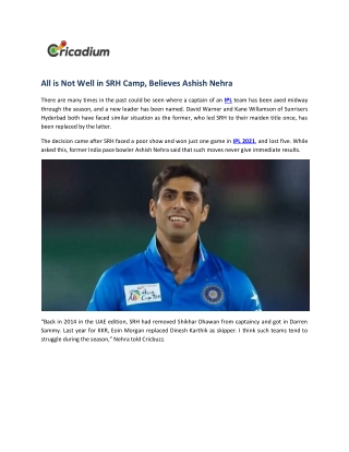 All is Not Well in SRH Camp, Believes Ashish Nehra