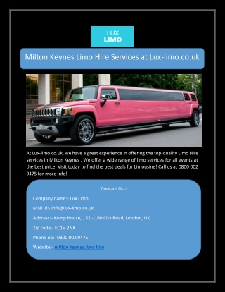 Milton Keynes Limo Hire Services at Lux-limo.co.uk