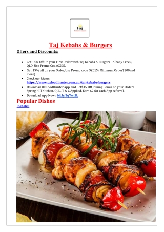 15% Off - Taj kebabs & Burgers albany creek Menu, QLD