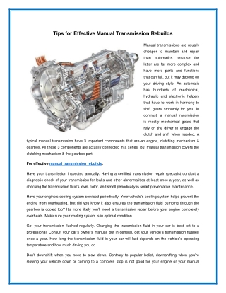 Tips for Effective Manual Transmission Rebuilds