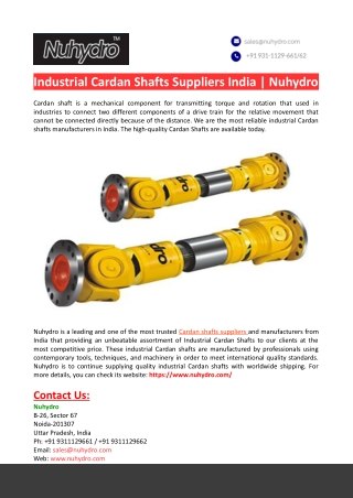 Industrial Cardan Shafts Suppliers India-Nuhydro