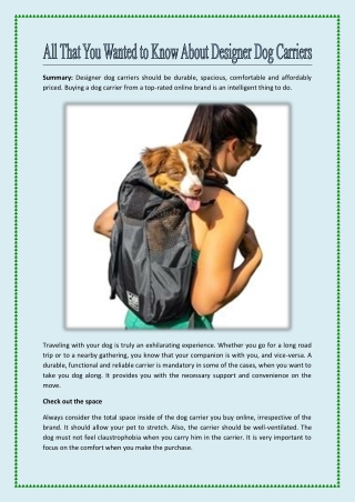 All That You Wanted to Know About Designer Dog Carriers