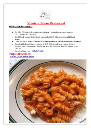 15% Off - Vinnie's Italian Restaurant Southport menu, QLD