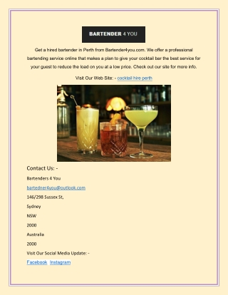 Cocktail Hire Perth | Bartender4you.com