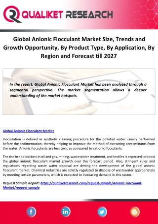 Global Anionic Flocculant Market Size, Trends and Growth Opportunity, By Product Type, By Application, By Region and For