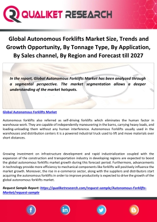 Global Autonomous Forklifts Market Size, Trends and Growth Opportunity, By Tonnage Type, By Application, By Sales channe