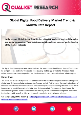 Global Digital Food Delivery Market  Research Report Based on Technology Advance