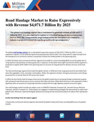 Road Haulage Market to Raise Expressively with Revenue $4,071.7 Billion By 2025