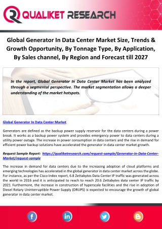 Global Generator In Data Center Market Size, Trends & Growth Opportunity, By Tonnage Type, By Application, By Sales chan