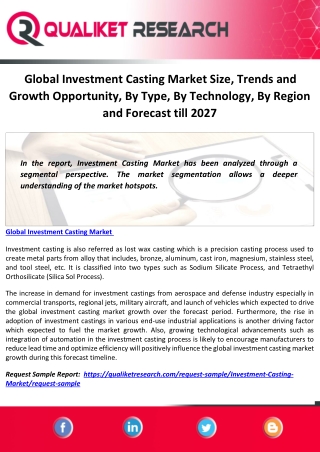 Global Investment Casting Market Size, Trends and Growth Opportunity, By Type, By Technology, By Region and Forecast til
