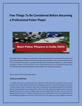 Few Things To Be Considered Before Becoming a Professional Poker Player