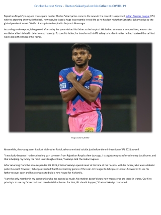 Cricket Latest News - Chetan Sakariya lost his father to COVID-19