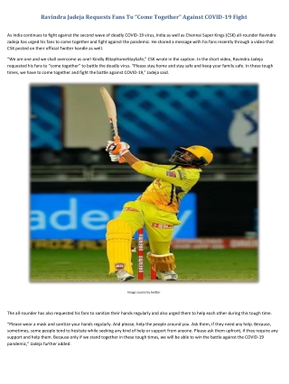 Ravindra Jadeja Requests Fans To “Come Together” Against COVID-19 Fight