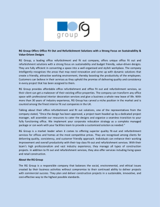 RG Group Offers Office Fit Out and Refurbishment Solutions with a Strong Focus on Sustainability & Value-Driven Designs