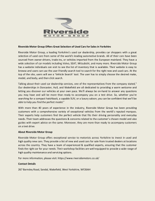 Riverside Motor Group Offers Great Selection of Used Cars for Sales in Yorkshire