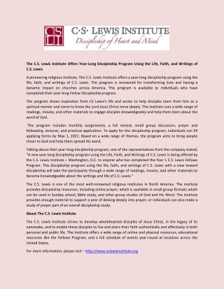 The C.S. Lewis Institute Offers Year-Long Discipleship Program Using the Life, Faith, and Writings of C.S. Lewis