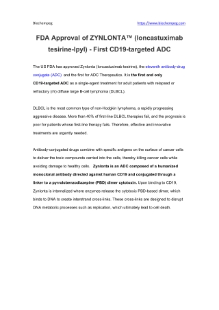 FDA Approval of ZYNLONTA™ (loncastuximab tesirine-lpyl) - First CD19-targeted ADC Biochempeg